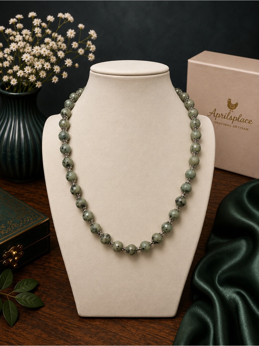 Kiwi Jasper Necklace 10mm Faceted Silver Accents 20 inch Aprilsplace
